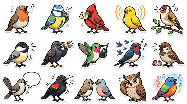 Illustrated birds singing and communicating in various ways