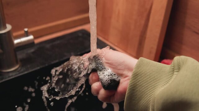 Close-up of hand wearing green sleeve holding dark porous sponge under steady tap stream while lathering and squeezing to create foam and droplets; warm wooden countertop and stainless steel sink in