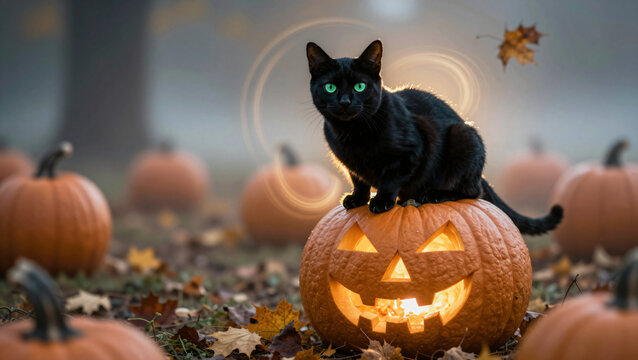 Black Cat on Carved Jack O Lantern in Pumpkin Patch