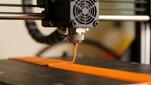 3D printer nozzle extruding molten orange filament, macro