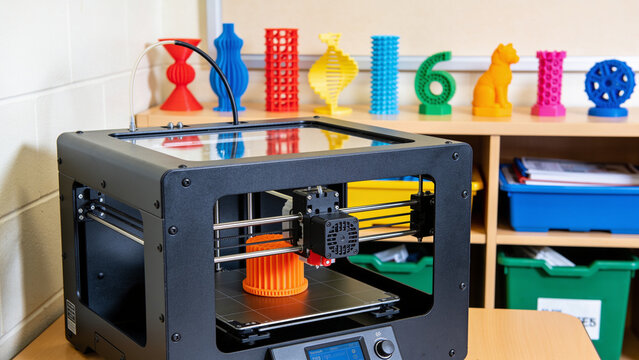 3D printer in a school classroom with printed models on a shelf