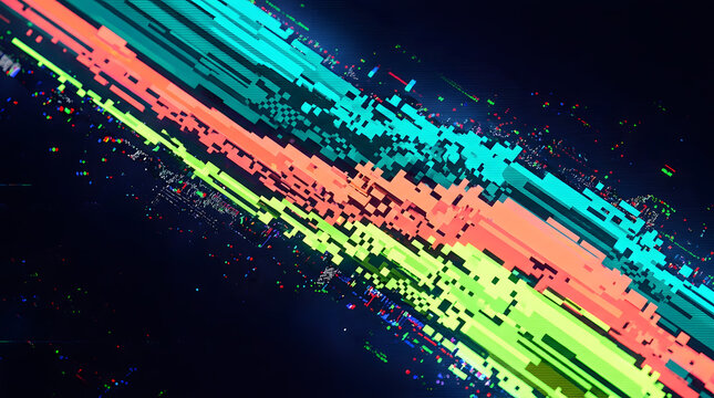 Digital glitch art background|Abstract pixelated neon texture|Retro VHS scanline effect overlay|Cyberpunk aesthetic geometric pattern|Data corruption visual concept