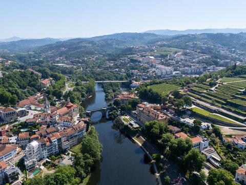 Panoramic aerial view of Amarante historic center with Tamega River and Sao Goncalo bridge