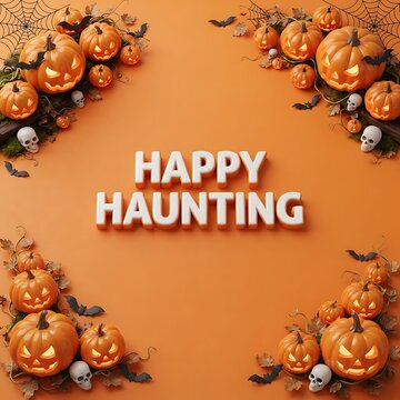 Happy haunting text surrounded by glowing jack o lantern pumpkins and skulls on orange background