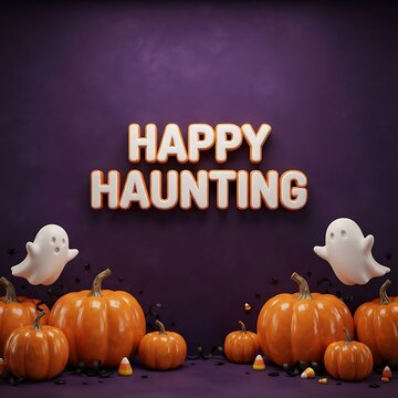 Happy haunting text with cute ghosts and pumpkins on a dark purple background for halloween celebration
