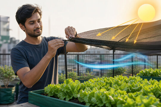 Rooftop gardener securing shade cloth