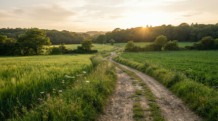 Naklejka premium Dirt path through tall grass and wildflowers toward a warm setting sun