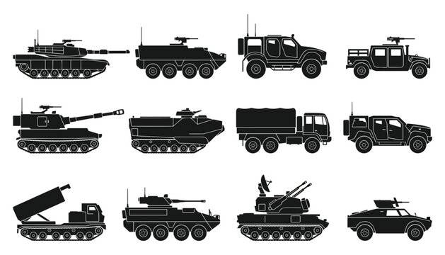  Military Vehicle Silhouette Vector Set Featuring Tanks Armored Personnel Carriers Missile Launchers and Humvees for Armed Forces Defense and Tactical Graphic Designs