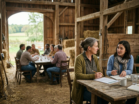 Six people meeting at long tables in a rustic barn with hay bales stacked