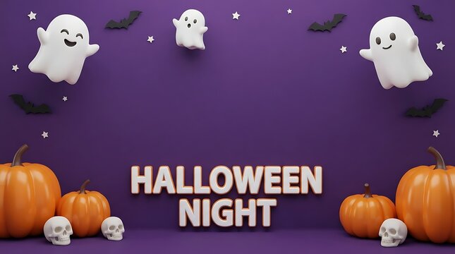 Halloween night background with cute ghosts pumpkins and skulls on a dark purple backdrop