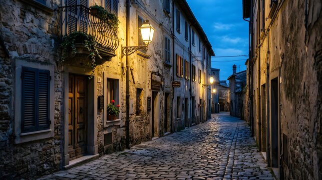 Charming cobblestone street in an old Italian village at twilight.