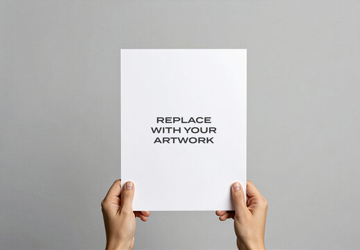 Vertical poster mockup held by hands against a neutral gray background, realistic print presentation with placeholder text, blank white paper, studio lighting, simple clean composition, template