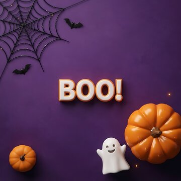 Halloween background with pumpkin ghost cookies and spider web on a dark purple flat lay surface