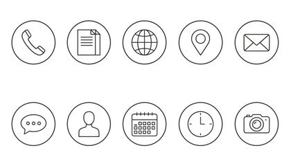 Fototapeta premium Set of ten round vector icons featuring contact, communication, time, location, and media thin line drawings on white.