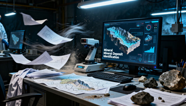 AI-powered geological exploration system identifying mineral deposits from underground geological data, mining research center, realistic scientific environment
