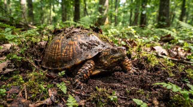 Eastern box turtle crawling on forest floor, wild turtle in natural woodland habitat, reptile among green moss and dirt