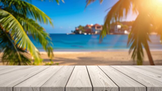 Wooden table overlooking a calm blue sea, coastal lifestyle photography, serene vacation atmosphere, 4K video