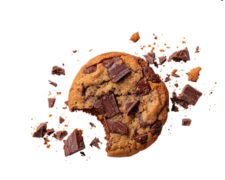 Delicious chocolate chip cookie freshly baked with broken pieces with scattered chocolate chunks with chocolatechip
