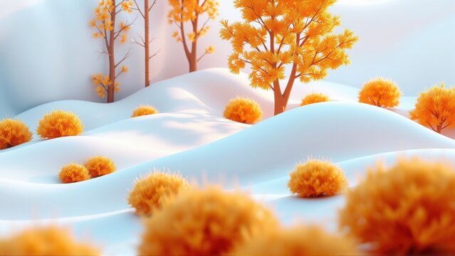 Abstract landscape. Orange trees, bushes atop white rolling hills. Soft lighting creates dreamy, serene scene. Minimalist style.