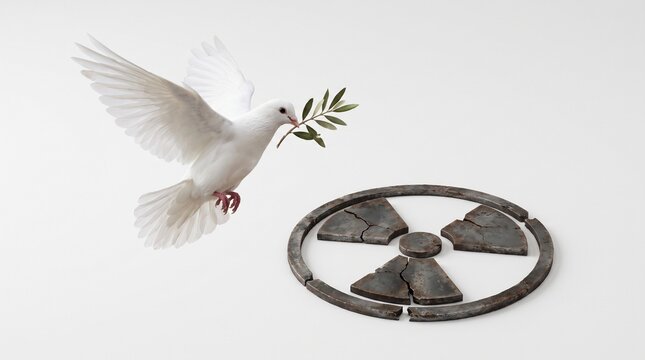 Peace dove carrying olive branch approaching radiation symbol representing nuclear disarmament and global peace