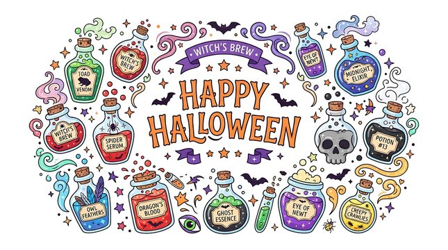 Collection of magical witch potion bottles with spooky labels and mysterious bubbling vapors
