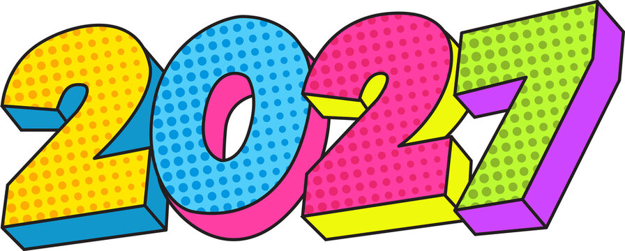 Colorful 2027 Pop Art Typography with Halftone Dots, Retro Vector Illustration