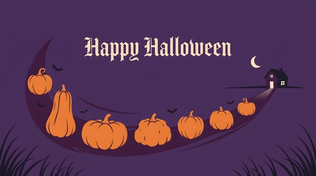 Happy halloween illustration with pumpkins haunted house and bats on purple background