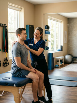 Physical therapist treating male patient in modern rehabilitation clinic with exercise equipment