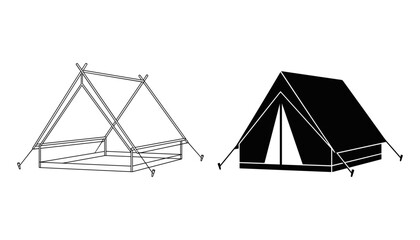 Camping tent vector icon set displaying outline frame structure and solid shelter silhouette for outdoor adventure tourism © MDASIF