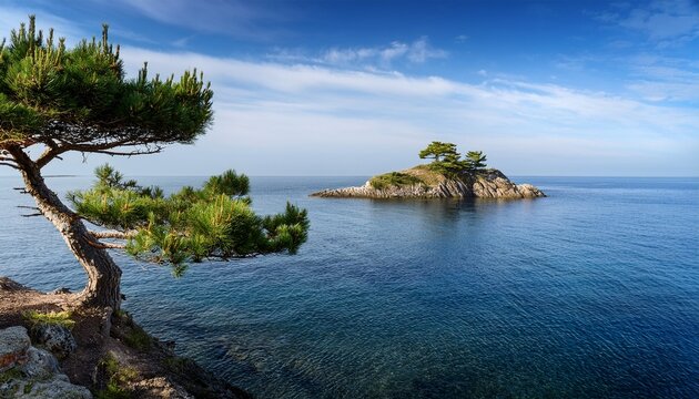 coastal landscape with a small island and a pine tree