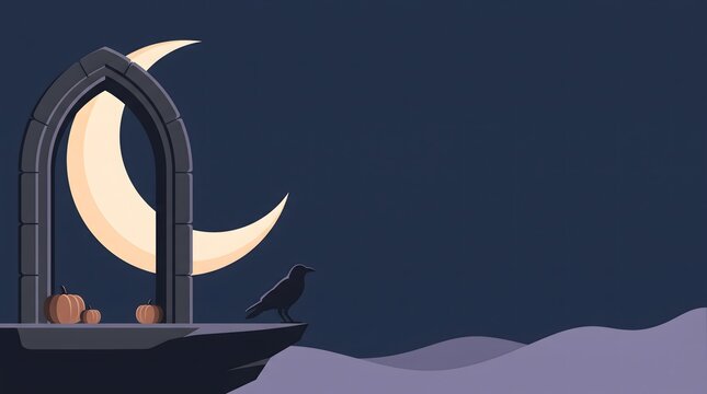 Halloween scene with gothic arch crescent moon pumpkins and raven illustration