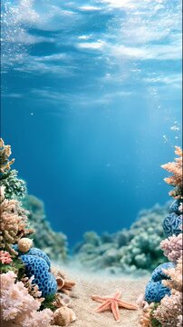 Underwater coral reef scene with starfish and seashells on sandy ocean floor, sunlight rays shining through clear blue tropical water with bubbles and copy space