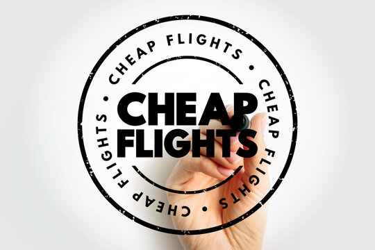 Cheap Flights shown in a large stamp circular graphic with a hand holding a marker, evoking travel deals, airfare discounts, tourism promotions, and budget-friendly flight marketing visuals