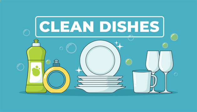 Clean dishes and glassware concept with plates, wine glasses, a mug, and dishwashing liquid bottles on a teal background.