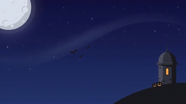 Halloween night landscape with spooky castle and full moon vector illustration