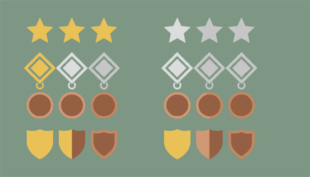 Gamification rank badges showing stars, diamonds, circles, and shields in different metallic colors on a green background.