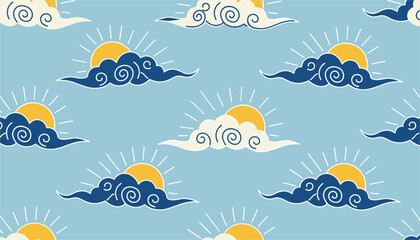 Naklejka premium Traditional Asian style seamless pattern of yellow suns rising behind stylized blue and white swirling clouds on a blue sky.