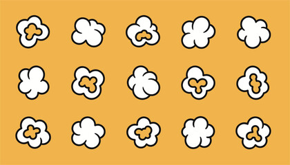 Obraz premium Popcorn pattern showing multiple individual popped kernels neatly arranged over a bright orange background.