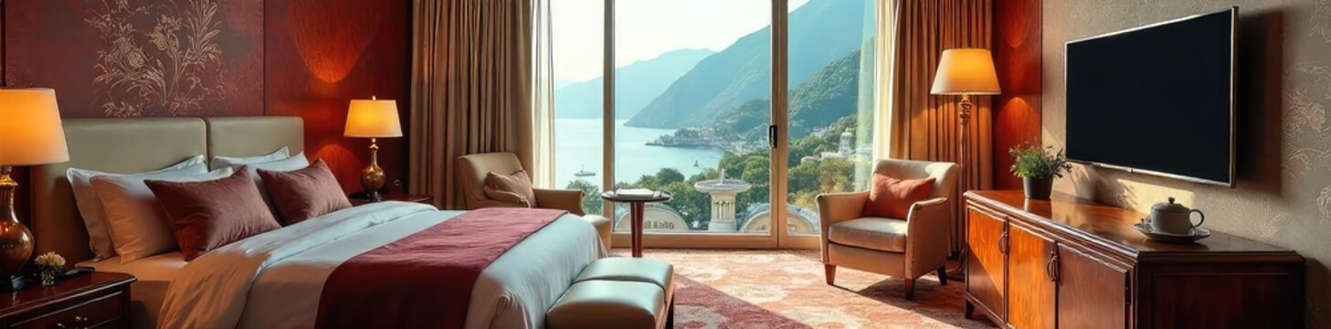 Indulge in opulent comfort A lavish hotel suite boasts a breathtaking view, plush furnishings, and exquisite details Perfect for travel, luxury, and hospitality imagery , chandelier, hotel, premium