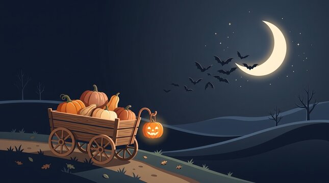 Halloween pumpkins in a wooden wagon under a crescent moon dark night illustration