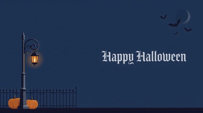 Halloween scene with street lamp pumpkins and bats in a dark blue setting
