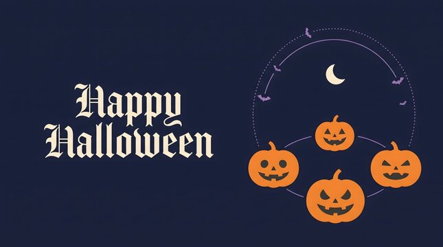 Happy halloween greeting with pumpkins bats and crescent moon illustration