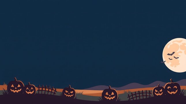 Halloween pumpkins and full moon vector illustration with dark blue background