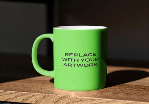 Ceramic mug mockup on wooden surface with text placeholder, realistic product presentation for branding and graphic design, Template, interior studio setup focused lighting