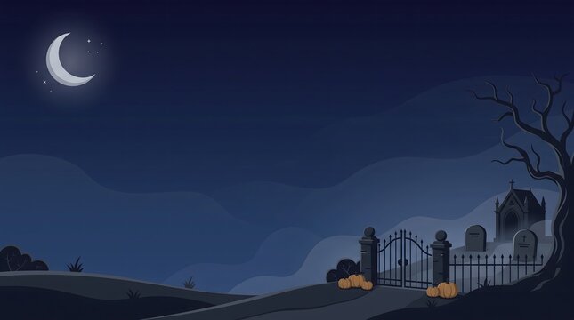 Halloween graveyard scene with crescent moon and spooky trees vector illustration