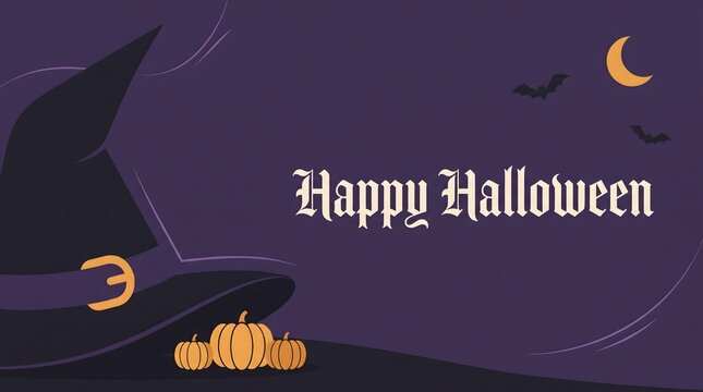 Witch hat pumpkins and crescent moon illustration for happy halloween celebrations