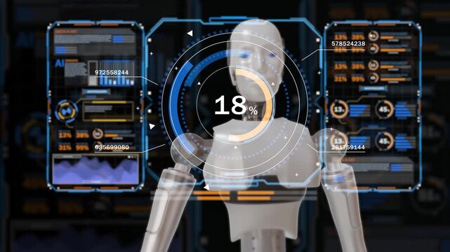 High technology AI robot using a futuristic HUD interface to monitor advanced information, analytics, and system metrics, representing intelligent assistance, digital innovation, automation, and the f