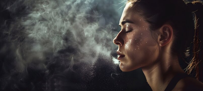 Athletic young woman with sweat beads and closed eyes exhales soft vapor in cinematic low key studio lighting side profile