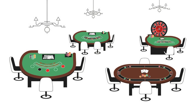 Casino Game Tables and Roulette Wheel Isolated on White Background