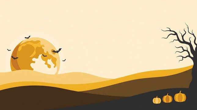 Halloween landscape with full moon bare tree and pumpkins in vector illustration